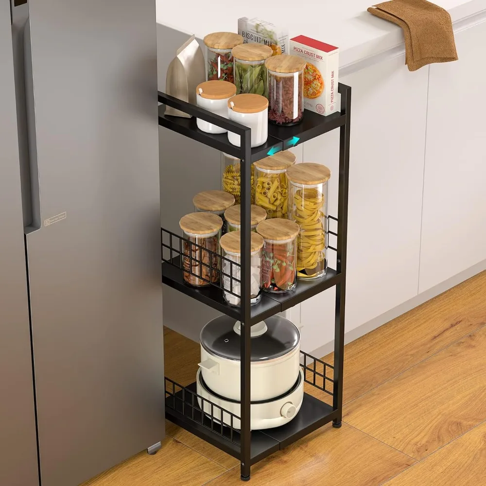 3-Tier Metal Shelving Unit, Expandable, Free-Standing, Narrow, Open Floor Shelves, Ideal for Bathroom, Kitchen, Laundry