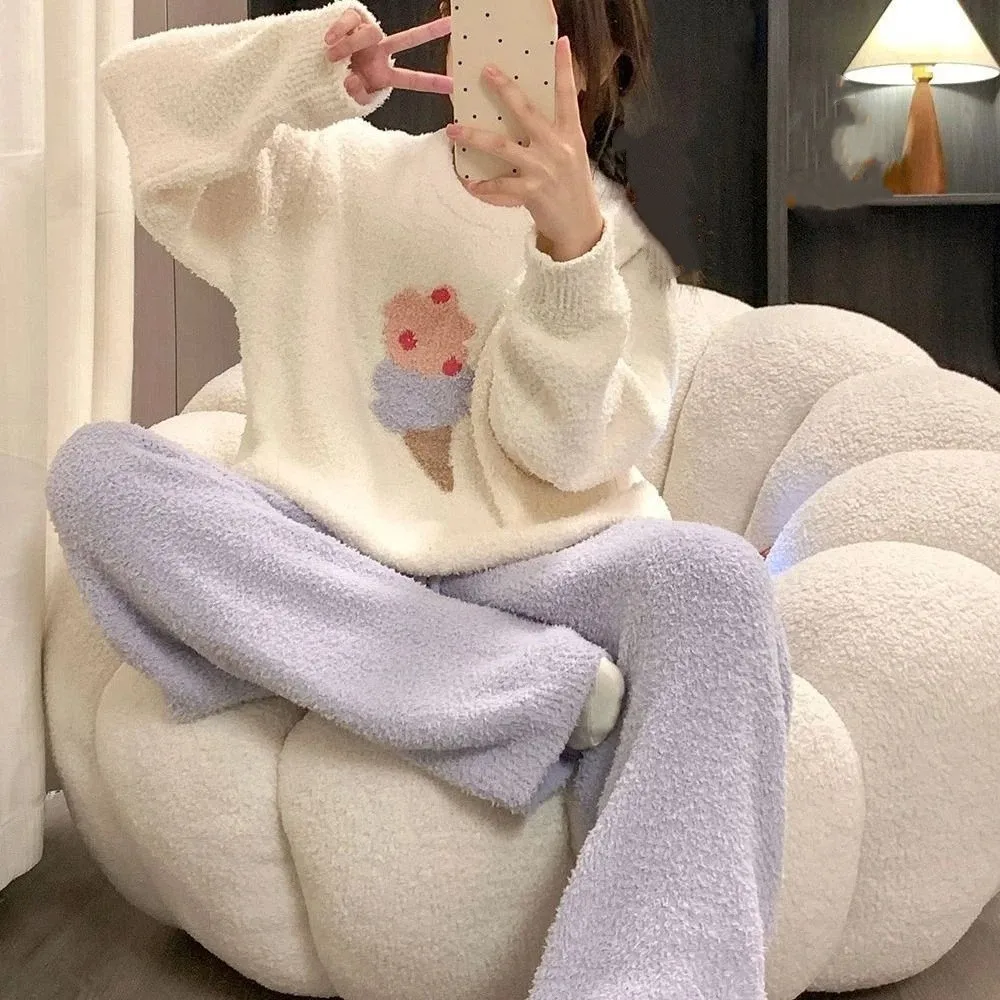 Ins Horse Fleece Pajamas Set Duck Rabbit Long Sleeve Thicken Warm Sleepwear Loose Home Wear Cartoon Pajamas Suit Home