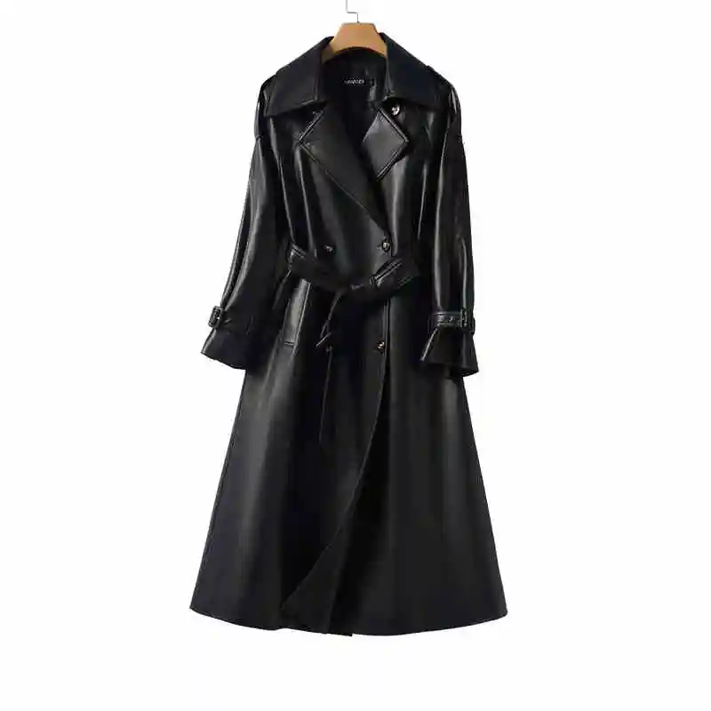 Trench coat de couro genuíno outono inverno feminino duplo breasted pele carneiro comprimento médio casaco com cinto senhoras casaco outerwear