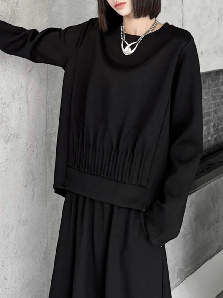 [EAM] Black Sweatshirt Half-body Skirt Two Pieces Suit New Round Neck Long Sleeve Women Fashion Tide Spring Autumn 2024 1DH6963