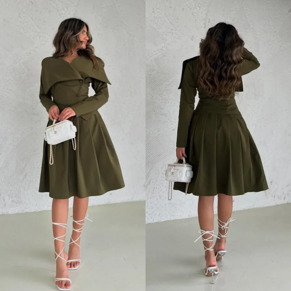 Customized Formal Jersey Pleat Button A-line V-neck Knee Length Bespoke Occasion Prom Dresses Exquisite
