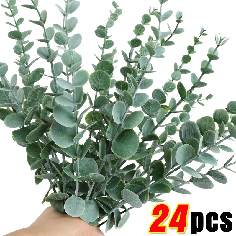 

24/10Pcs Eucalyptus Leaves Branches Artificial Plastic Plants Leaves Green Stems DIY Wedding Faux Fake Flowers Home Decoration