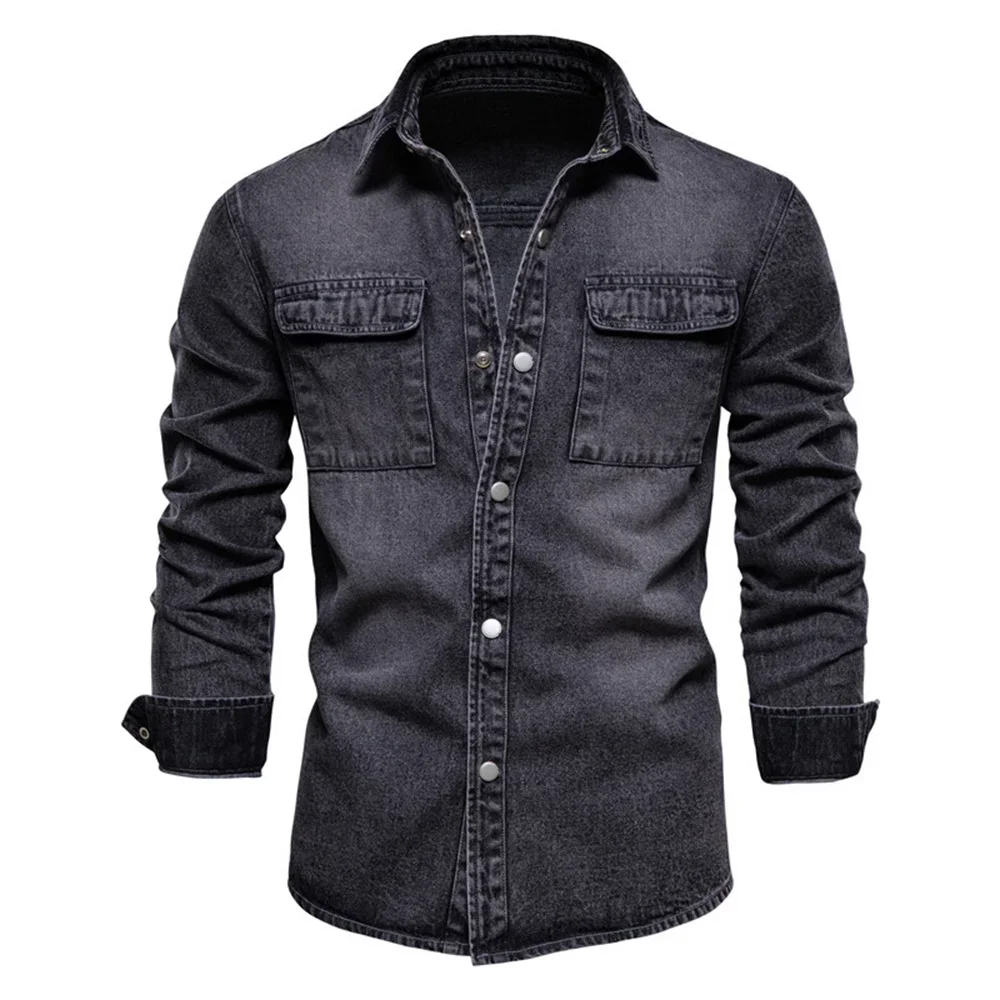 

2025 new Cotton Men Denim Shirts Solid Color Double Pocket Casual Long Sleeve Shirts for Men Autumn Thick Cowboy Shirts Men