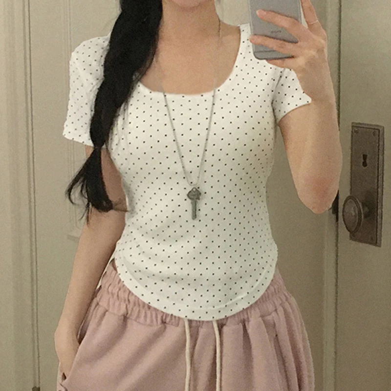 SUCHCUTE Polka Dot Patchwork Lace Round Neck Hem T-Shirt Casual All Match Short-Sleeve Tees Women Sweet Top Smmer Clothes Chic