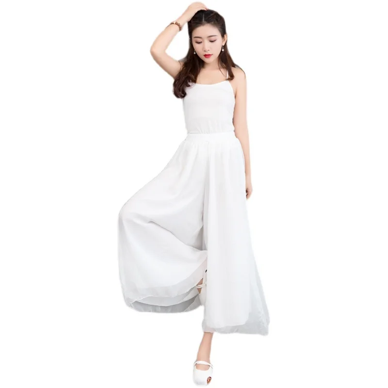 Cintura alta drapeado chiffon calças largas femininas verão fino dança yoga calças casuais fluindo sle design assimétrico longo tro...
