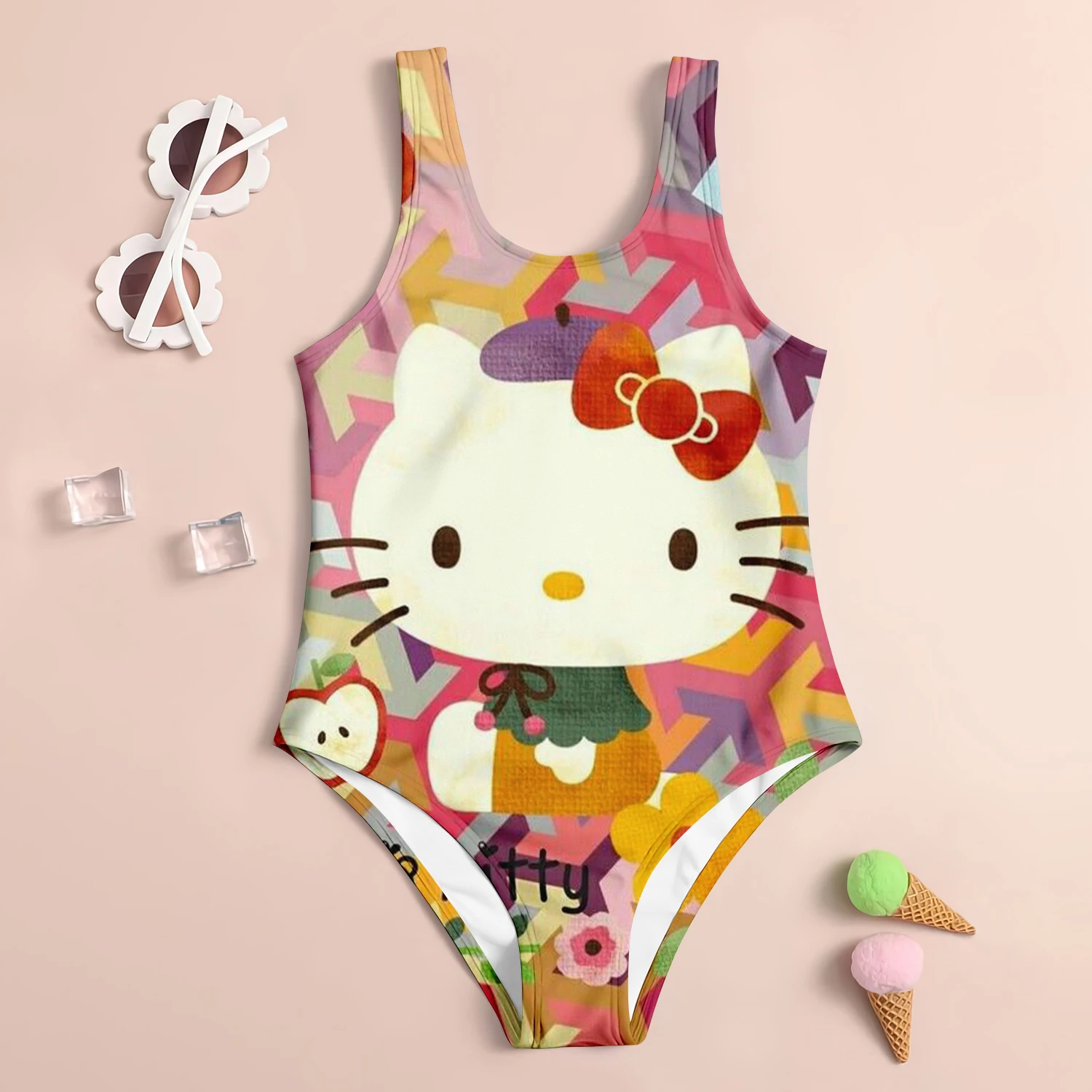 MINISO Summer Girls Swimsuit Children\'s Swimsuit 3D Printed Hello Kitty Cartoon Fashion Beach Skirt Holiday Children\'s Clothing