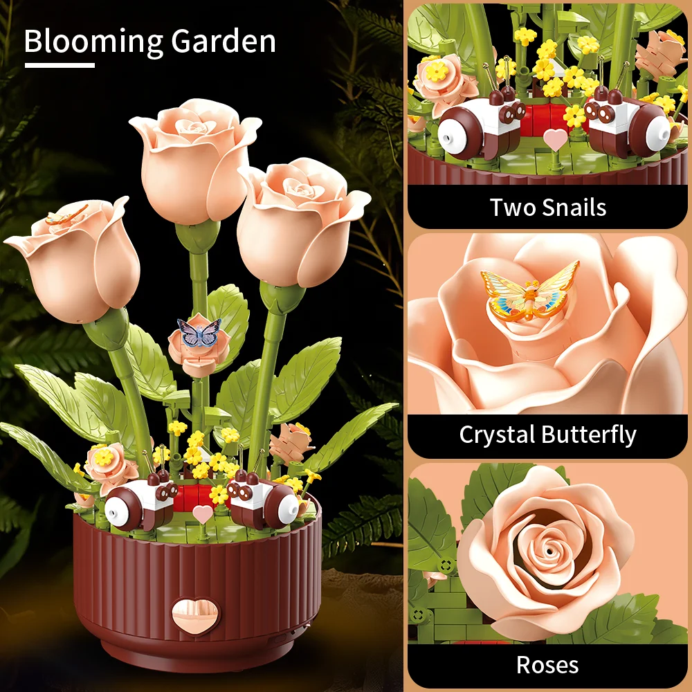 Dynamic Building Block Flower Electric Assembly Rose Bouquet Fairy Atmosphere High-end Decoration For Girl Handmade Wedding Gift