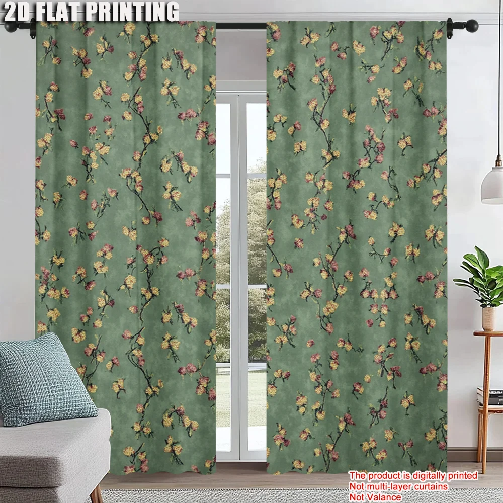

2Pcs Floral Window Curtains Privacy Protection For Bedroom Kitchen Living Room Study Polyester Fabric Machine Washable Rod