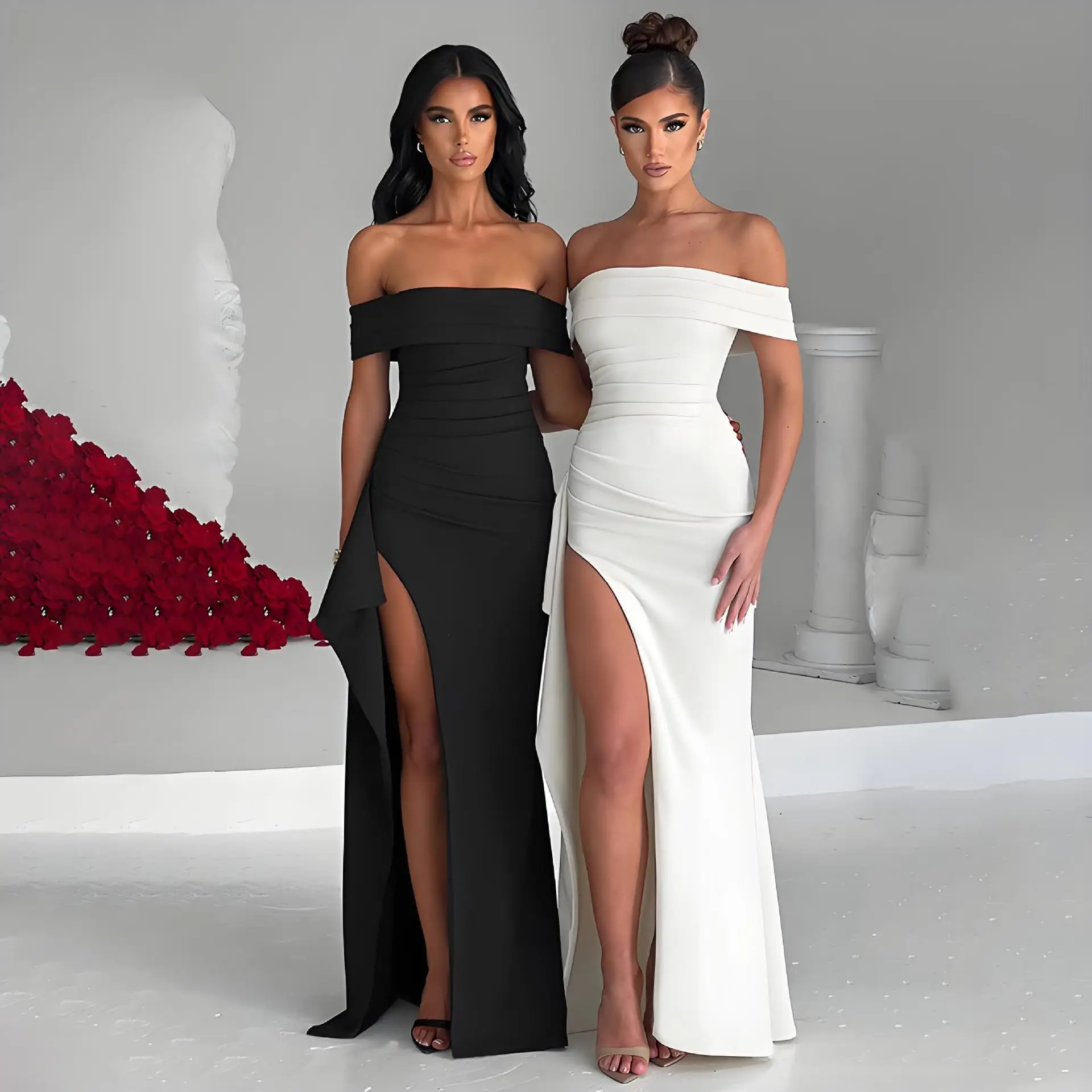 

2025 Summer Tube Top Sexy One-word Collar Halter Split Long Dress Women's Dress Europe America