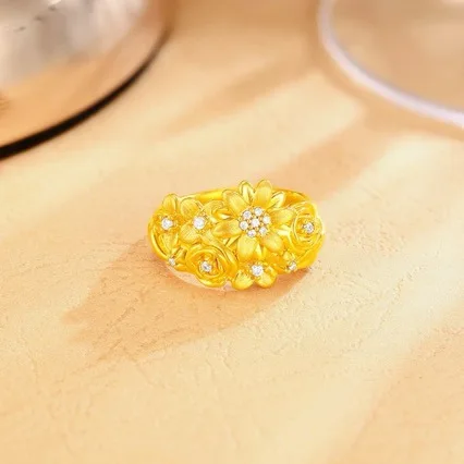 خاتم نسائي من الذهب عيار 24 قيراط (AU999) قابل للتعديل من الزركون | شريط ثلاثي الأبعاد من الذهب الصلب، أنماط كرمة إزميلية مع زركون الأوجه #1