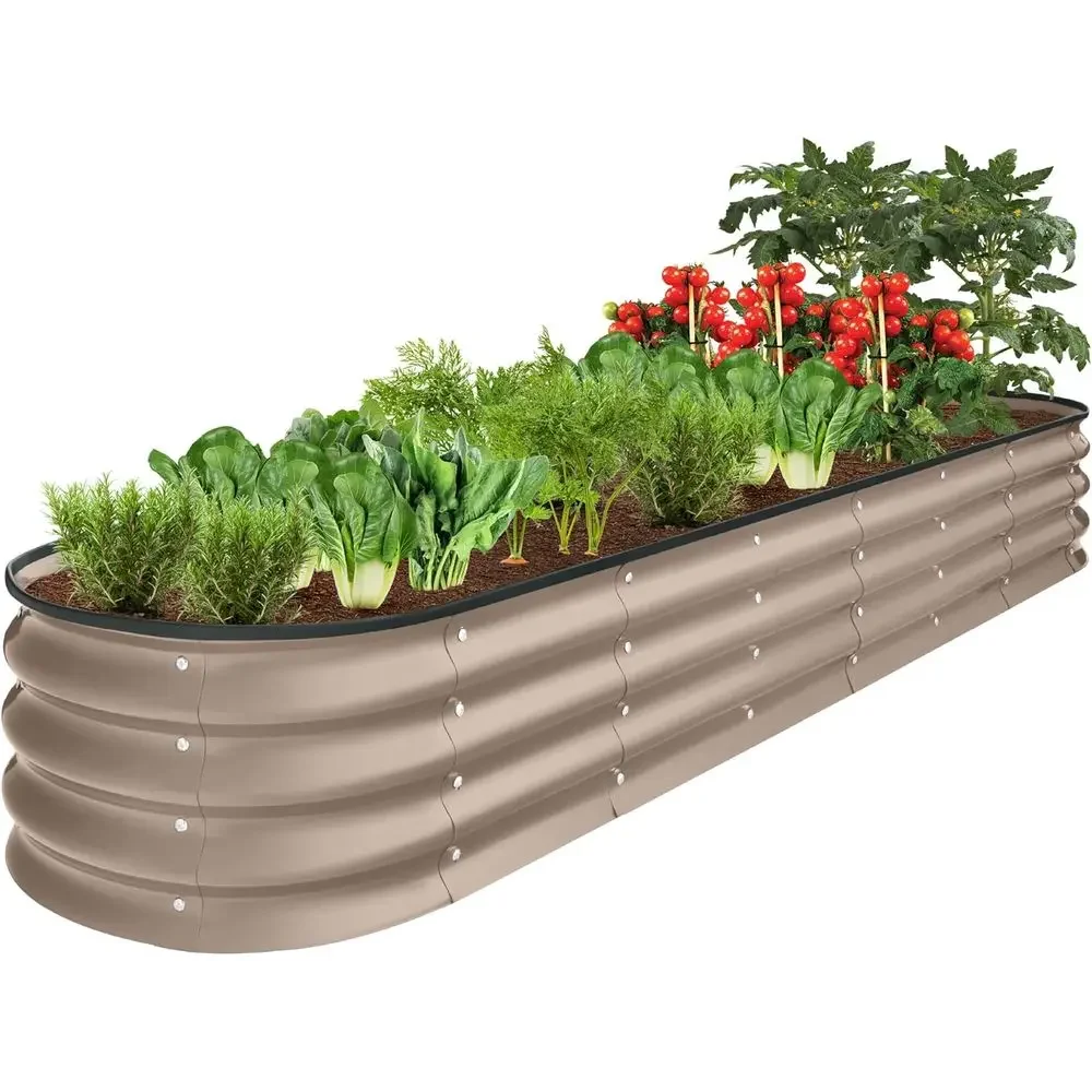 Oval Outdoor Metal Raised Garden Bed, 108 Gallon Capacity, Ideal for Deep Root Plants, Flowers, Herbs, and Succulents in Taupe