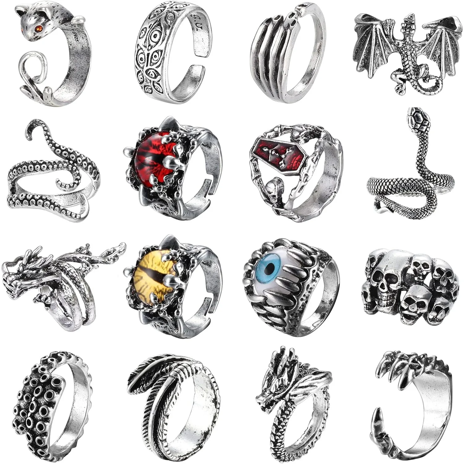 Bobisty 16 Uds. Anillos Punk Vintage para mujeres y hombres dragón serpiente garra cráneo pulpo abierto ajustable gótico anillos conjunto Halloween