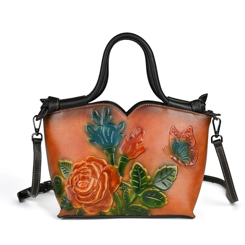 Vintage Leather Shoulder Bag for Women, Handmade with Head Layer Cowhide and Floral Carving