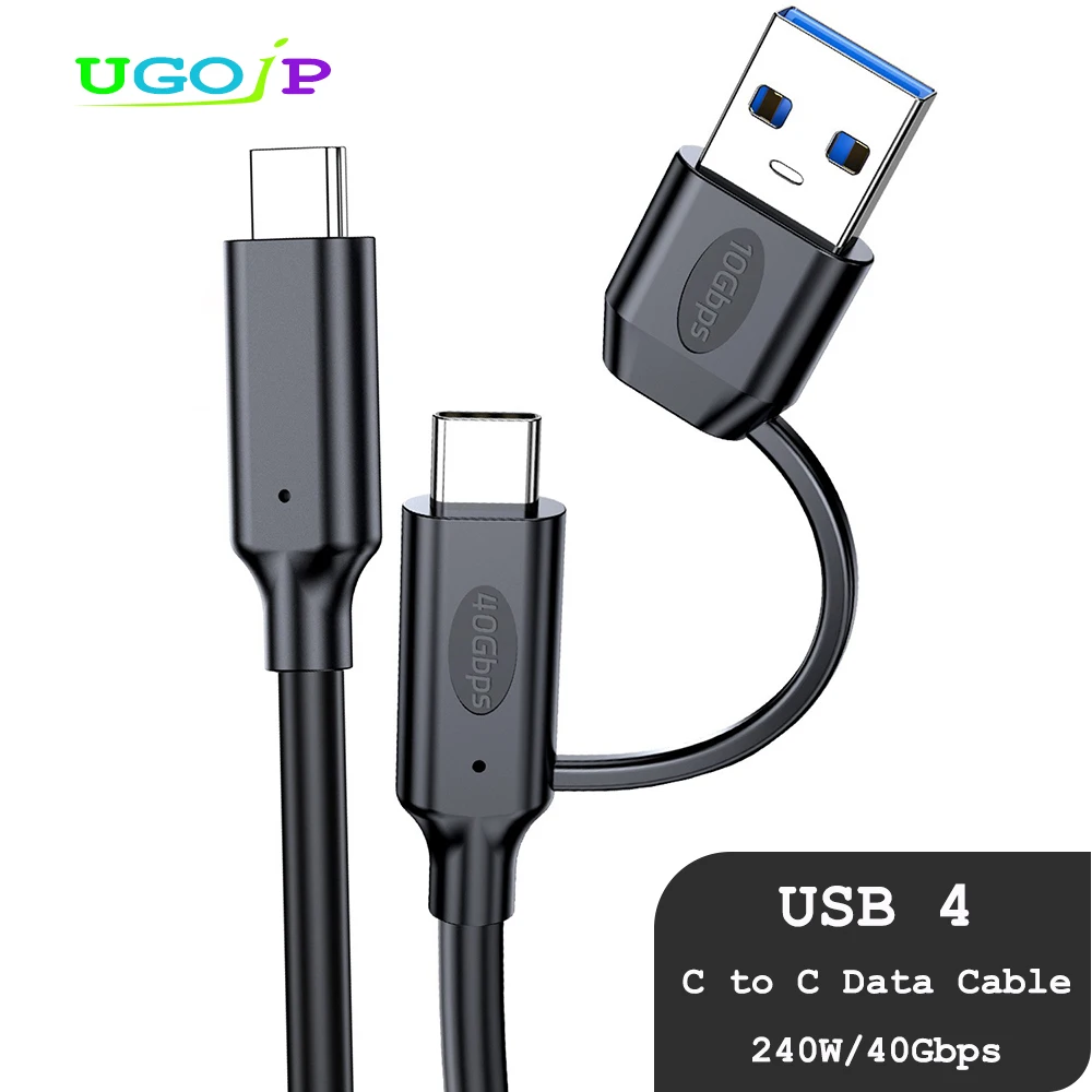 UGOjP 2 in 1 40G Full-function Data Cable Type C to Type C Cord PD240W USB 3.2 Fast Charging USB A to Type C Hard Drive Cable
