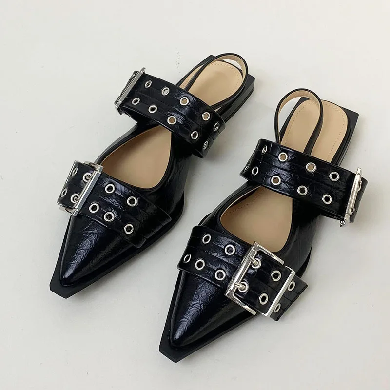 Luxury Sandals Flats Shoes For Women 2024 Summer Female Casual Sandals Shoes Buckle Strap Fashion Pointed Toe Ladies Slingback