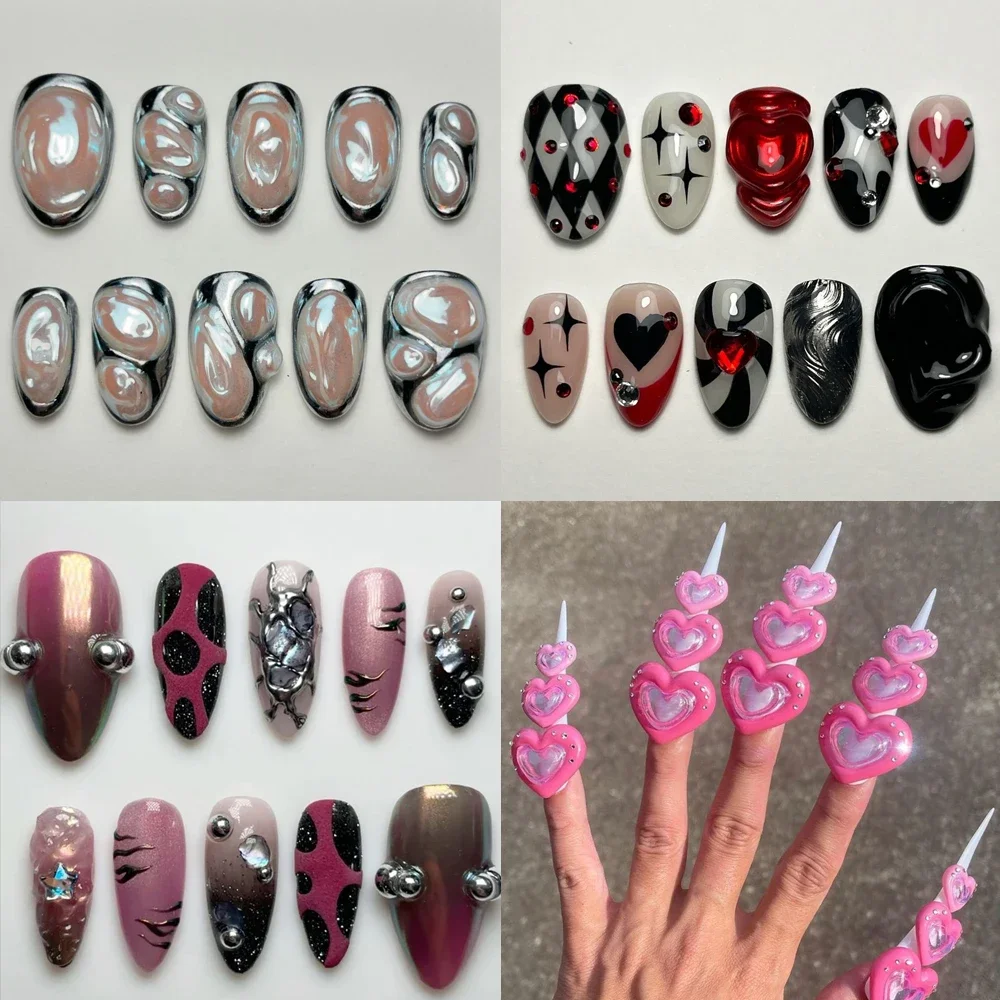

Y2K Hot Girl 3D Flower Long Stiletto Short Almond Handmade Press On Nails Cateye Rhinestone Individual Creativity False Nails