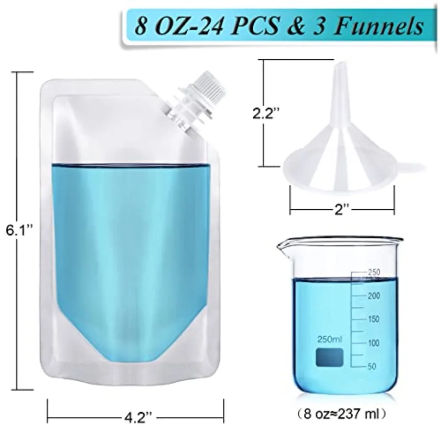 24 Pcs Plastic Flasks, 8 Oz Concealable and Reusable Drink Pouches, Leak-Proof Food Grade Plastic for Travel 8OZ-24PCS +3 Funne