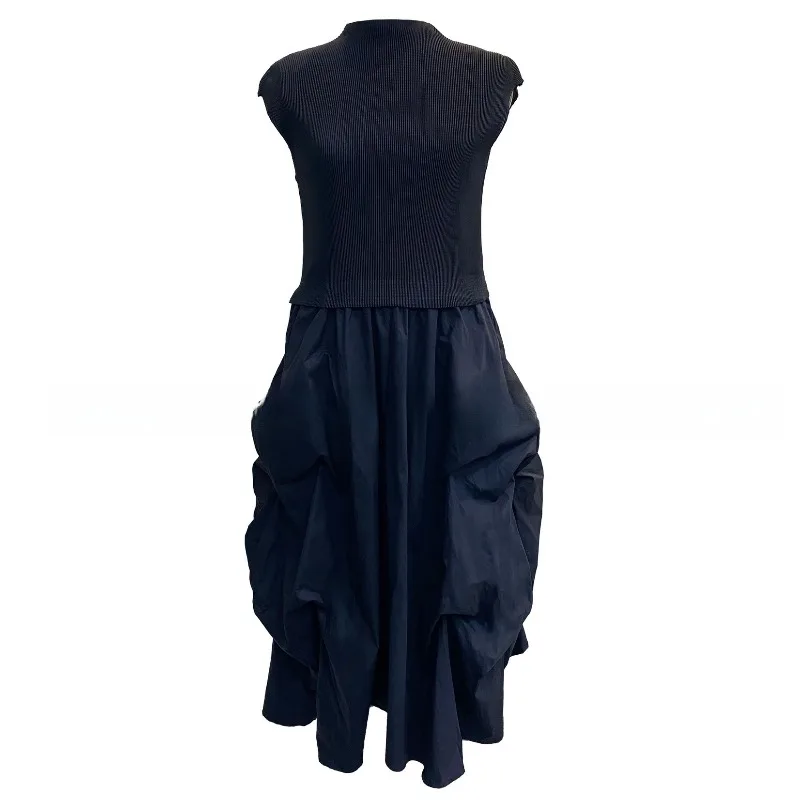 Miyake Pleated Women's Dress Sleeveless Vest Long Elegant Temperament Loose Waist Irregular Large Hem Flower Pod Skirt