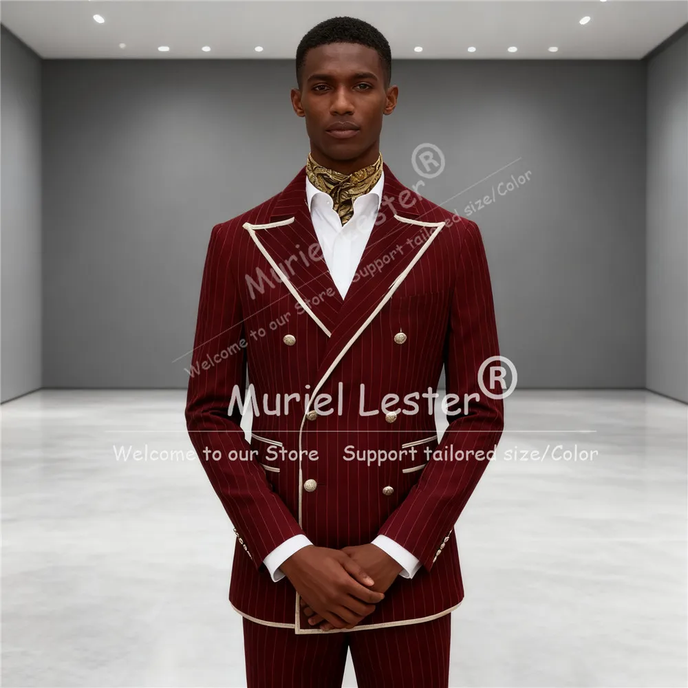 ネイビーストライプメンズスーツピークドラペルダブルブレスト2ピースジャケット+パンツスリムスマートカジュアルフォーマルパーティー新郎タキシード衣装