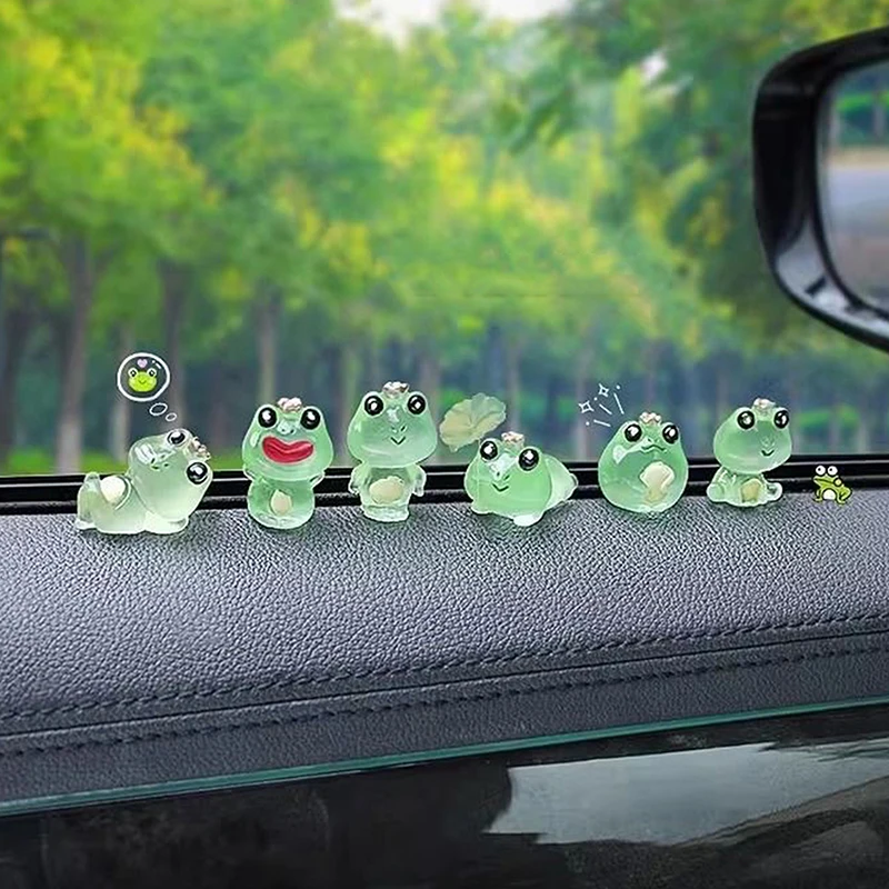 6Pcs Cute Mini Luminous Frog Micro Landscape Car Dashboard Fun Frog Car Rearview Interior Ornaments Fairy Garden Home Car Gifts