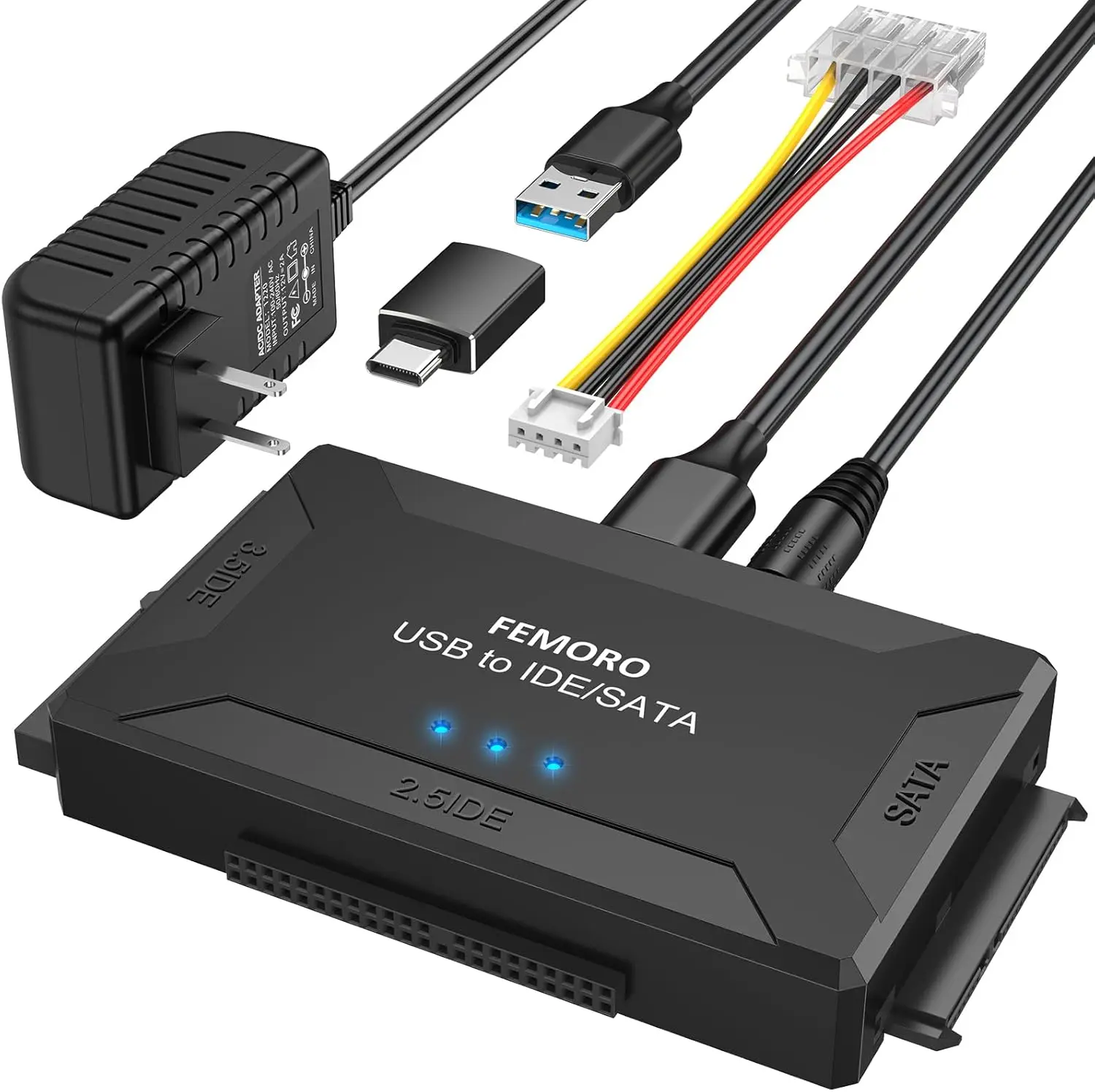 

Устройство для чтения жестких дисков 3-в-1: IDE и SATA на USB 3.0/USB C, поддержка HDD/SSD 2.5/3.5 дюйма, Blu-ray, с блоком питания