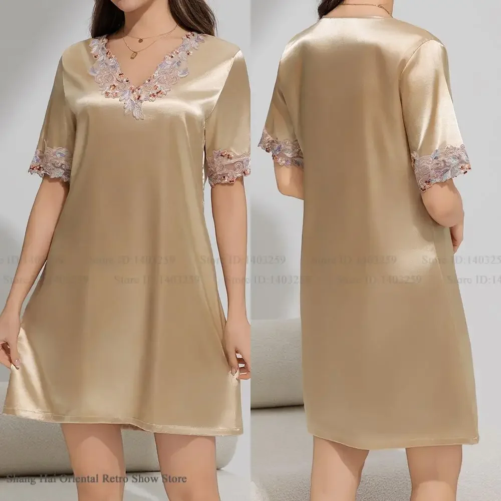 

Женская ночная рубашка, сексуальная кружевная ночная рубашка с v-образным вырезом, домашнее платье, летняя ночная рубашка с короткими рукавами, шелковистая атласная одежда для дома