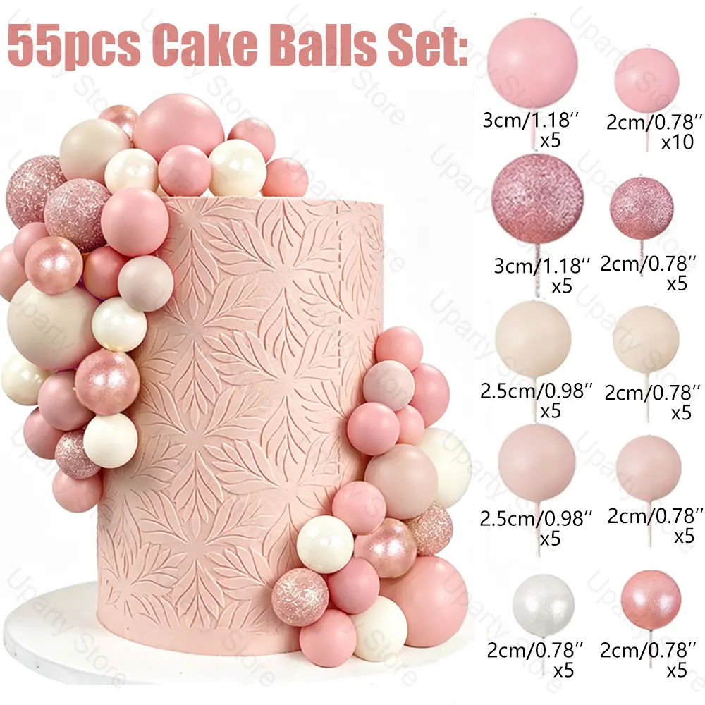 55pcs Blush Pink Ball Cake Toppers Glitter Rose Gold Nude Light Pink Cake Balls for Birthday Baby Shower Wedding Cake Decoration view 3