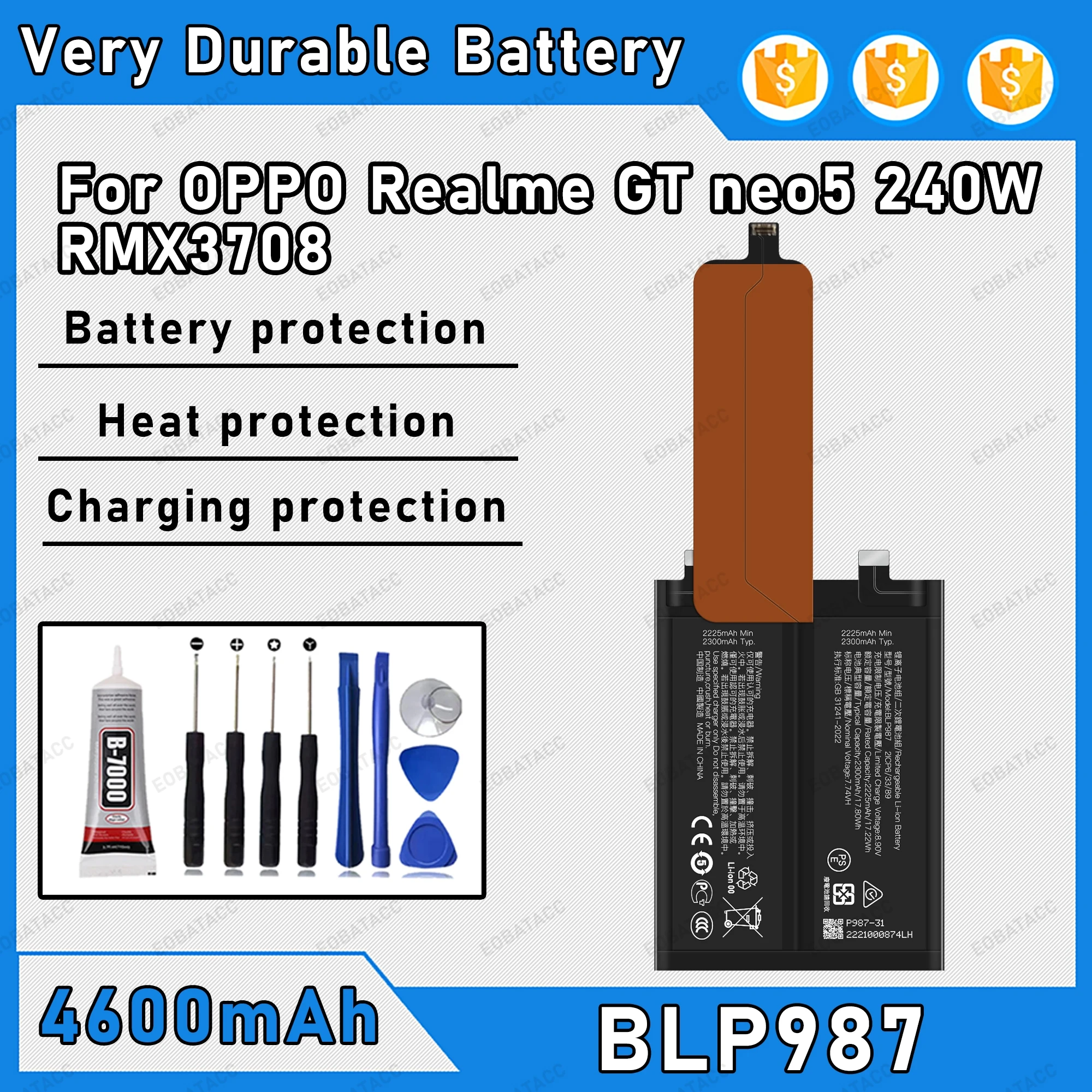 

4600mAh 100% New BLP987 Battery For OPPO Realme GT Neo5 240W Replacement Bateria+Free Tools