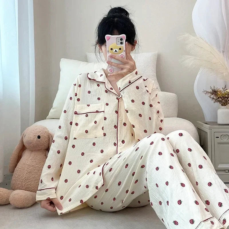 140kg Plus Size Cardigan Pajamas Women 5XL Spring and Autumn Long sleeve Sweet Loose  Outer Wear Homewear Set Korean Sleepwear