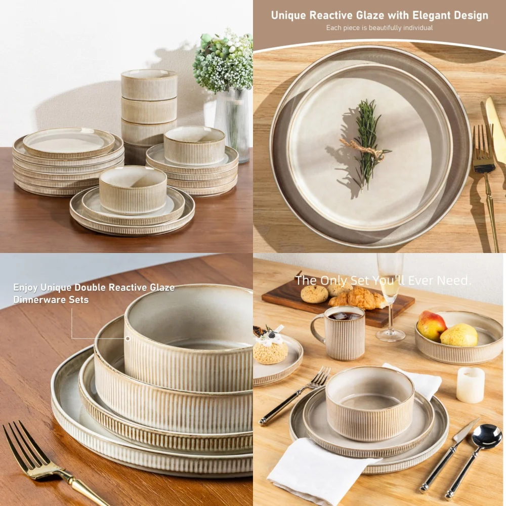 

Ceramic Tableware SetCeramic Dinnerware Set for 4 Round Reactive Glaze Plates and Bowls Perfect for Everyday Use and Special