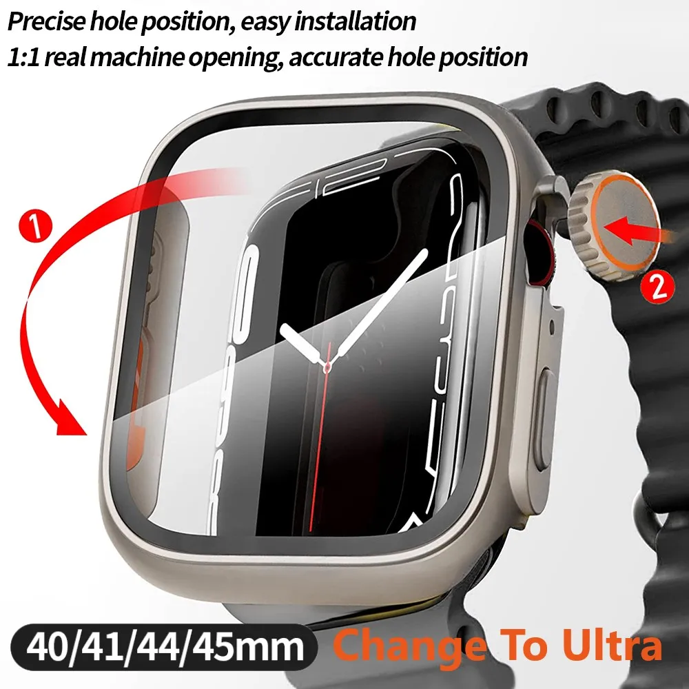 Change to Ultra For Apple Watch Case Series 8 7 45mm 41mm Screen Protector PC Cover For iWatch 4 5 6 SE 44mm 40mm Tempered Glass