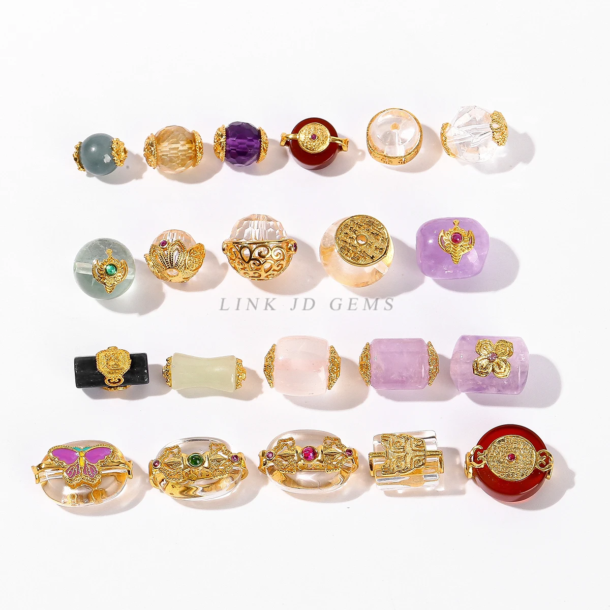 1 Pc Natural Stone Pink Quartz Kunzite Carved Bead Copper Plated Edging Find Beads for Jewelry Making DIY Necklace Bracelet
