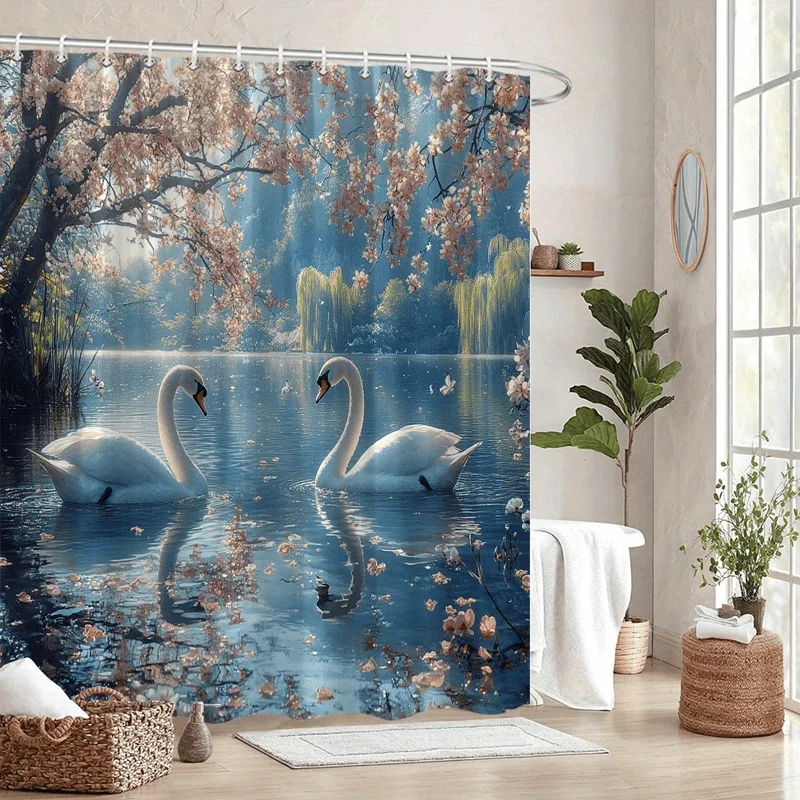

Waterproof Swan Shower Curtain 180x180cm Nature Floral Print Autumn Blue Watercolor Bath Decor Wallpaper Luxury Bathroom Shower