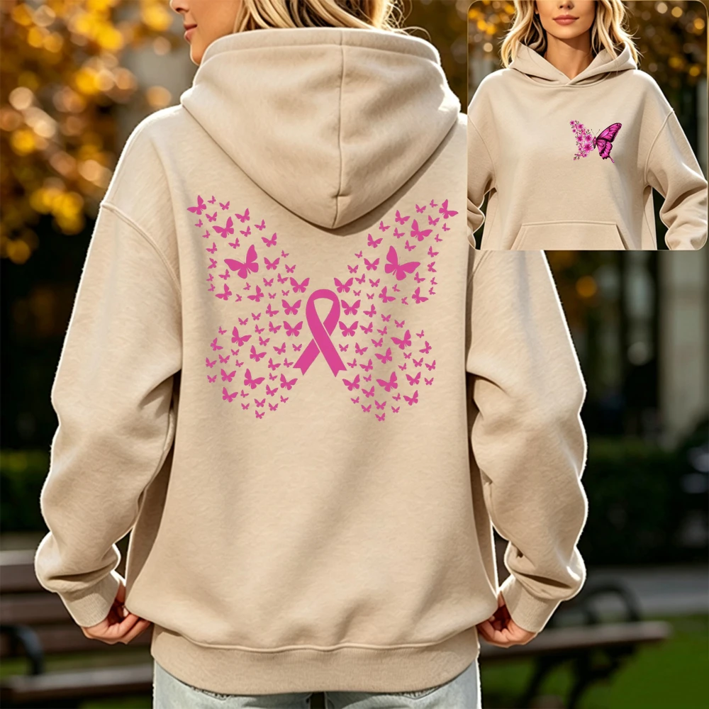 October Pink Ribbon Butterfly Hoodie Women Breast Cancer Awareness Hope Healing Support Print Cozy Long Sleeve Fall Pullover