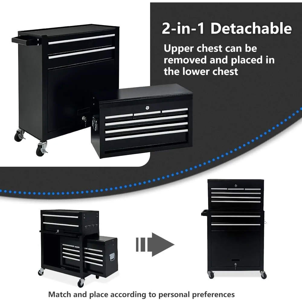 8-Drawer Rolling Tool Chest, 2-in-1 Tool Box Organizer with Lockable Wheels, Sliding Drawers, and Detachable Top, Garage Worksho