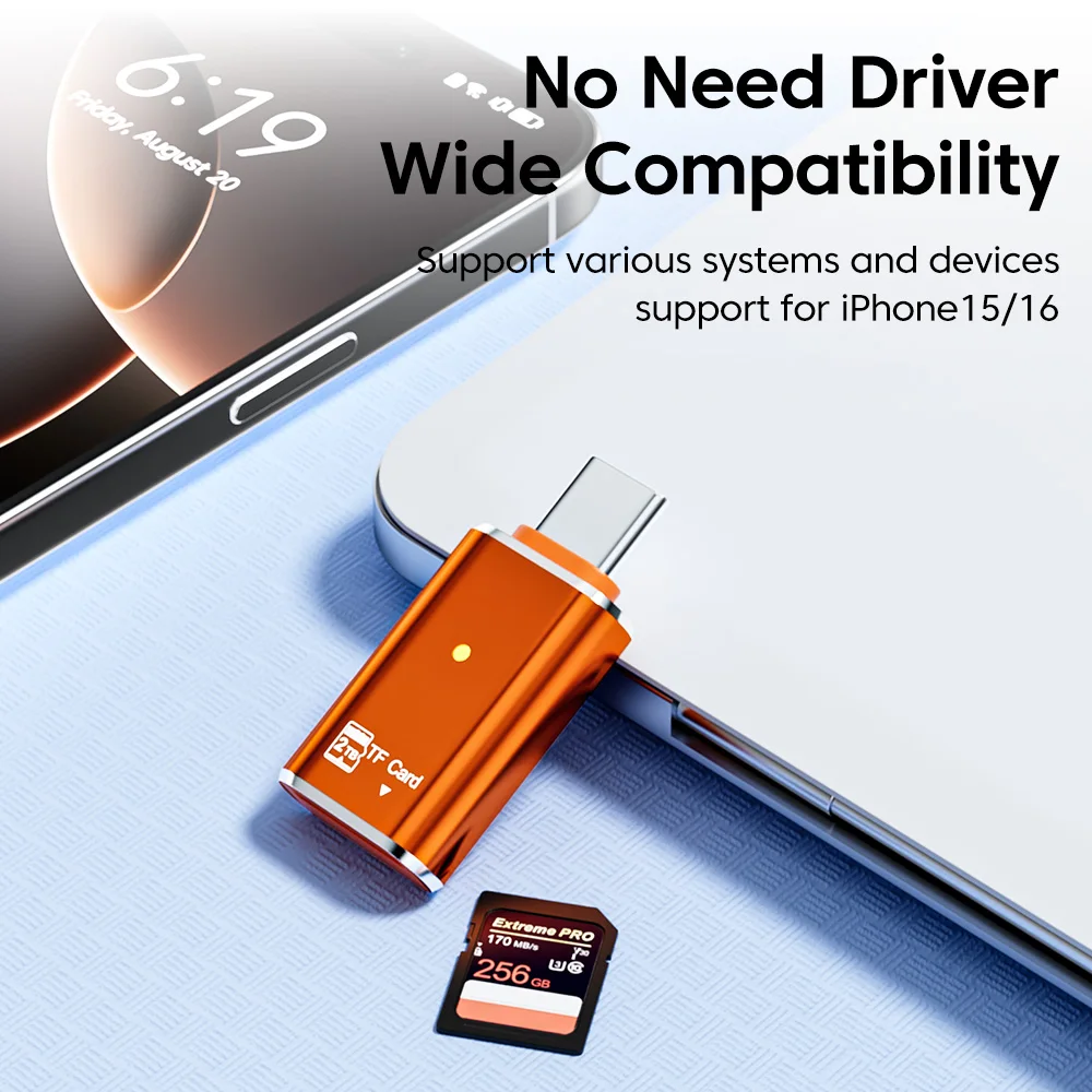 قارئ بطاقات من النوع C مايكرو SD/TF قارئ بطاقات نقل عالي السرعة لهاتف آيفون 15 16 سلسلة Xiaomi محمول USB C محول