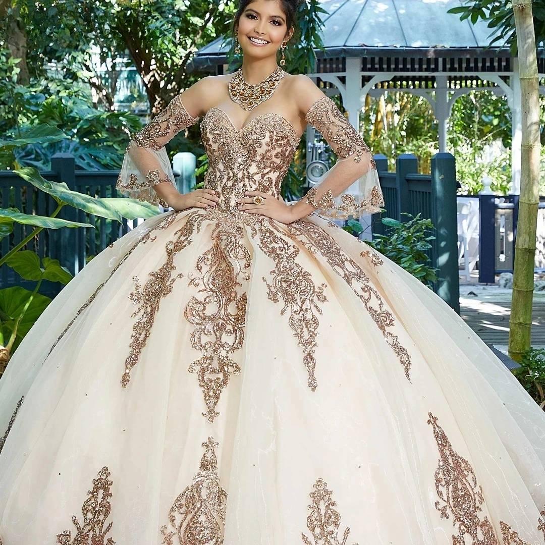 

Индивидуальные платья Quinceanera с блестками розового золота, кружевное платье со съемными рукавами и аппликацией из бисера, мексиканское сладкое платье 16,