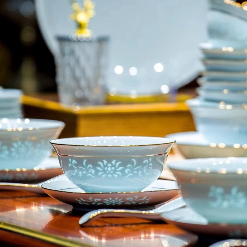 Underglaze Colour Dinnerware Set Celadon Linglong Porcelain Bowl Plate Dinnerware Set Household Bone China Tableware Set Gift - Image 3