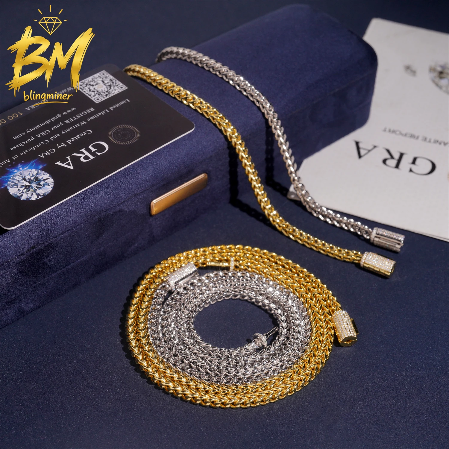Blingminer 4mm 316L Stainless Steel Franco Chain with S925 Silver Moissanite Lock For Men Pass Diamonds Tester With Free Shippin