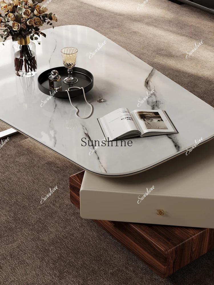 

Rectangular coffee table modern simple small apartment marble stainless steel double drawer combinationP