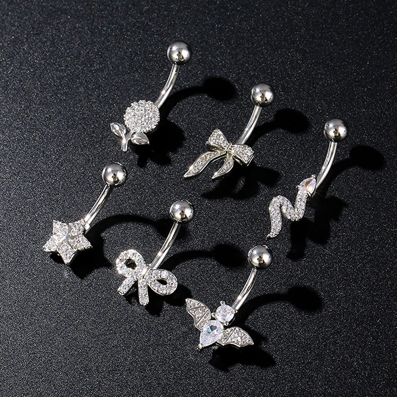 Fashion Zircon Belly Button Rings Stainless Steel Bow Heart Navel Piercing Ring For Women Sexy Belly Piercing Ring Body Jewelry