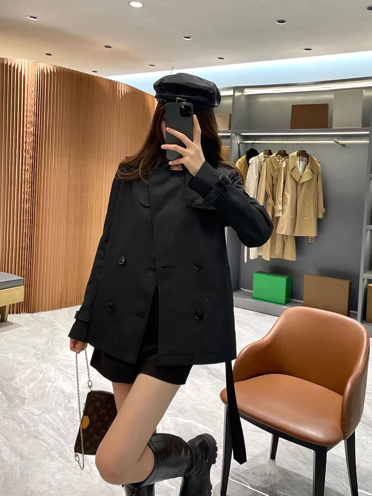 

Fashionable Short Collar Double Breasted Simple Versatile Women's Autumn Coat Luxury British Style Commute Slim Fit Cotton