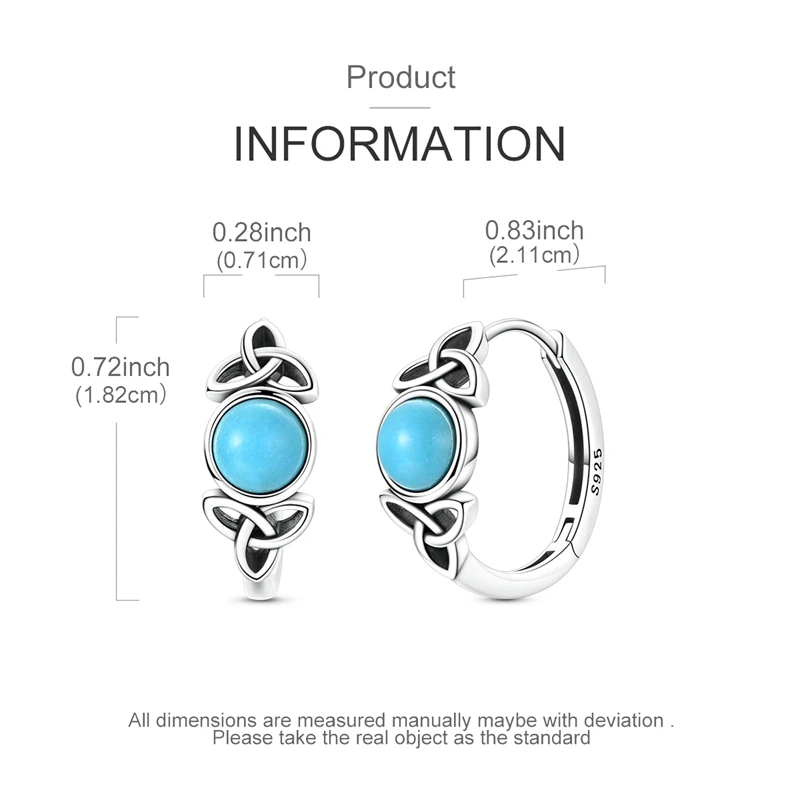 Original 925 Sterling Silver Unique Design Celtic Knot Blue Turquoise Hoop Earrings For Women Jewelry Gift image 2
