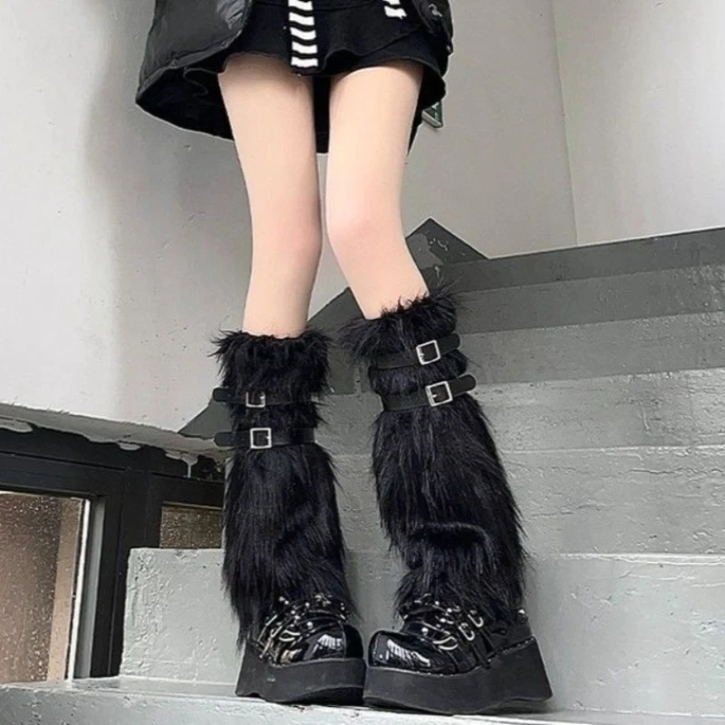 Furry Leg Warmers Women Sweet Lolita Leather-Buckle Plush Leg Covers Y2k Hottie Subculture JK Long Socks Punk Gothic Foot Covers image 3