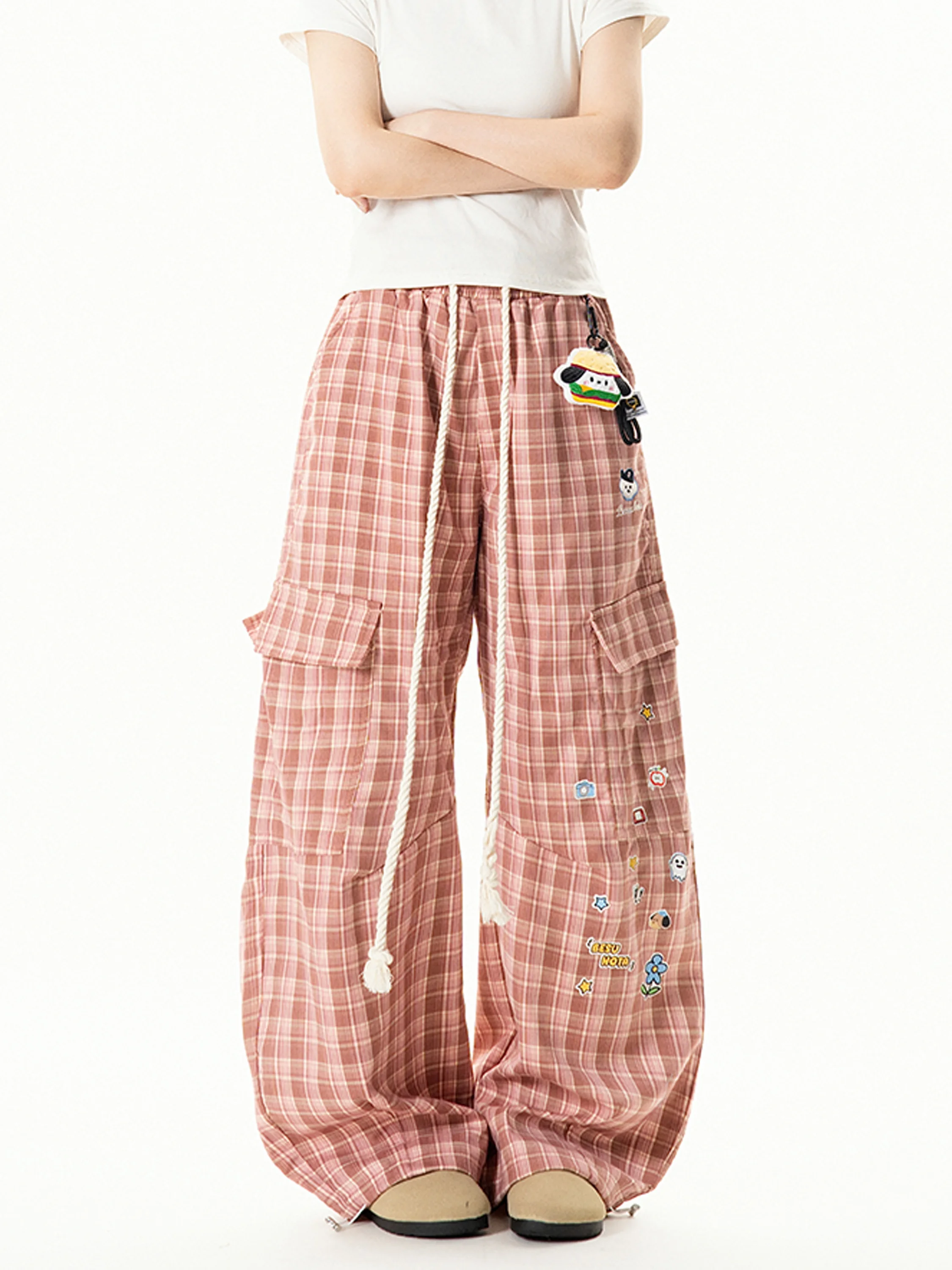 

Ретро-брюки в американском стиле с вышивкой и клетчатым узором, свободные, широкие, повседневные, женские, дизайнерские, модные, повседневные брюки