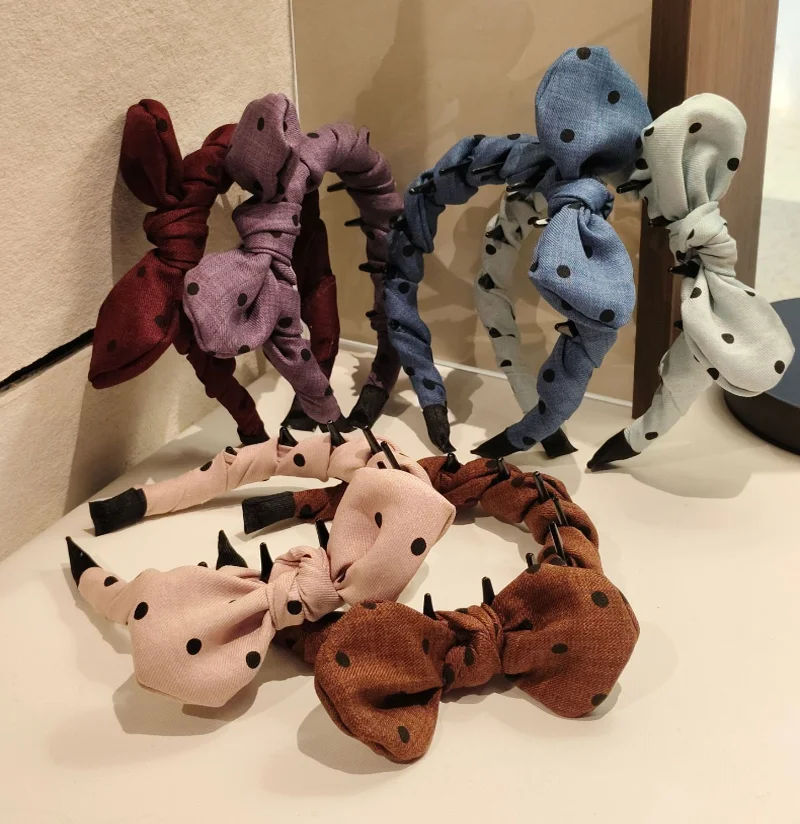 

French Classic Polka Dot Bow Headband Hairband with Teeth Comb Vintage Wash Face Hair Hoop Women Hair Accessories and Headwear