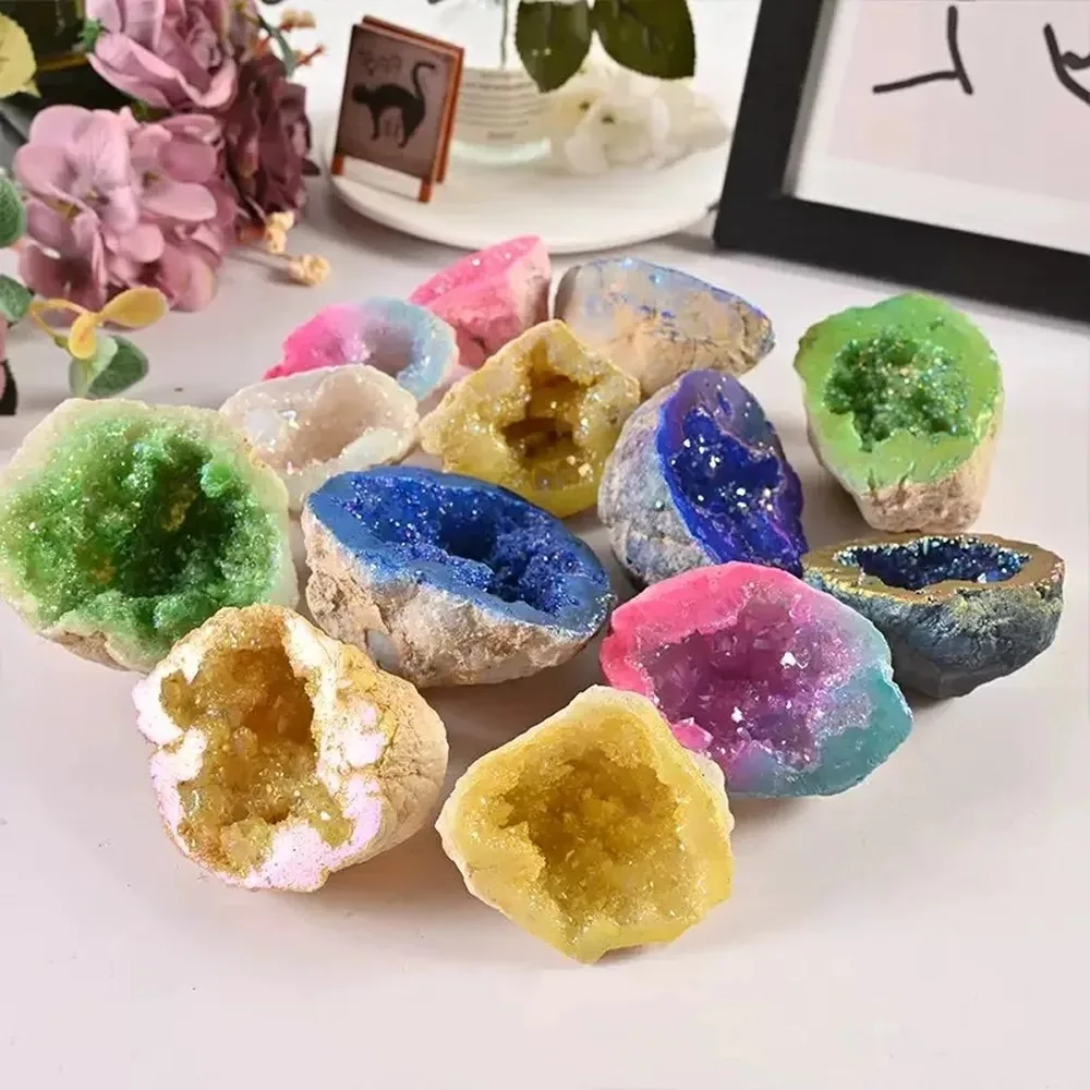 Aura Agate Geode Cluster Irregular Druzy Stone Colorful Electroplated Crystal Mineral Specimen Chakra Healing Home