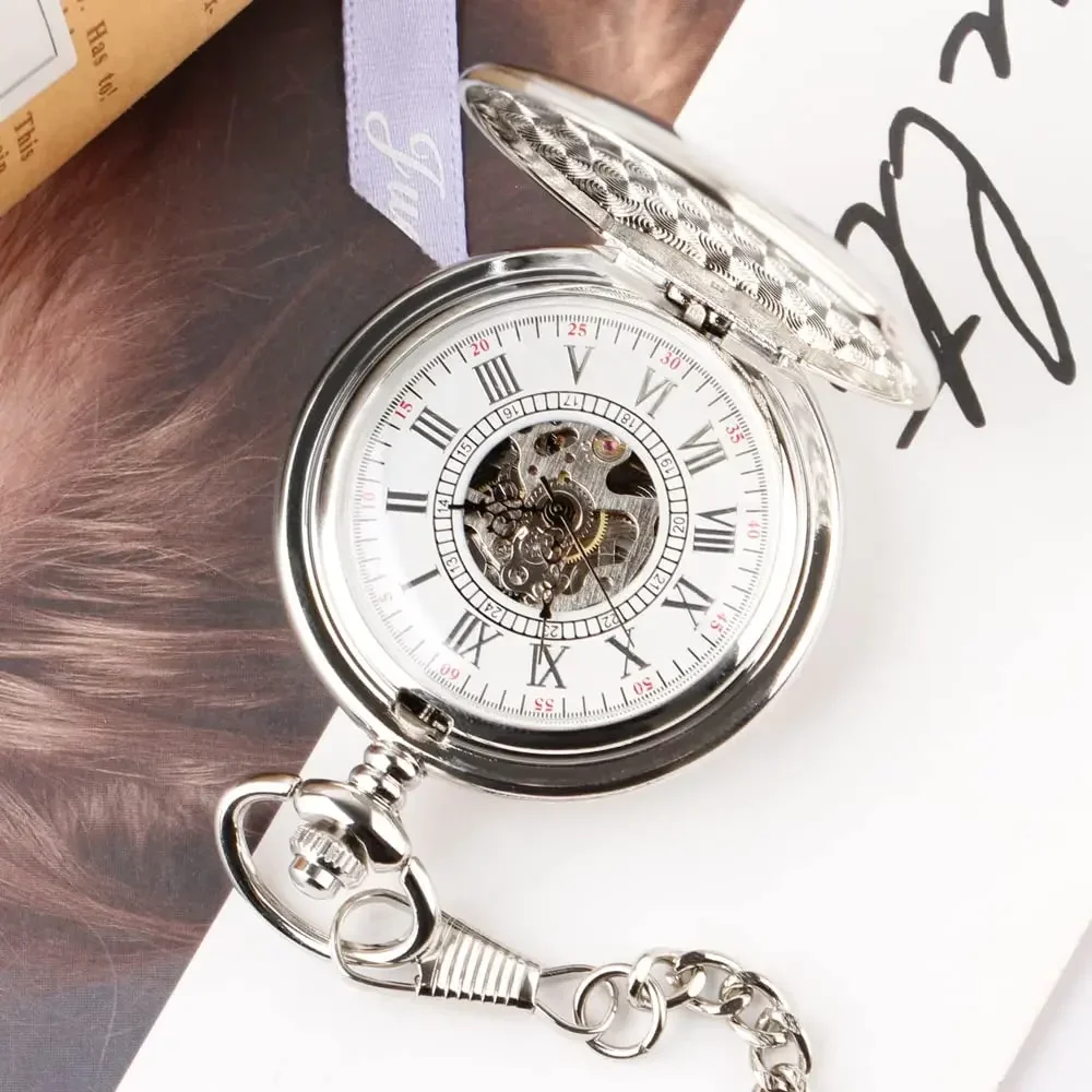 Vintage Silver Pocket Watches Mechanical Business Hand Wind Steampunk Necklace Fob Watch Chain Roman Numeral Clock for Women Men