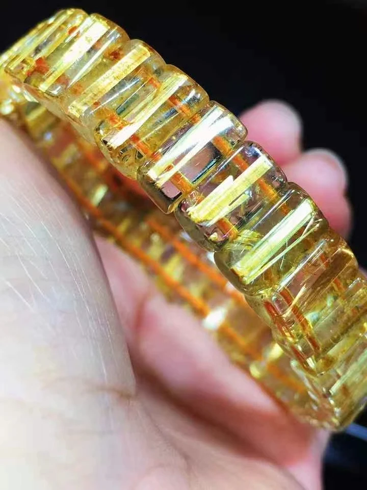 Natural Gold Rutilated Quartz Titanium Rectangle beads Bracelet 15x8.3x6mm Wealthy Woman Men Clear Jewelry From Brazil AAAAAAA