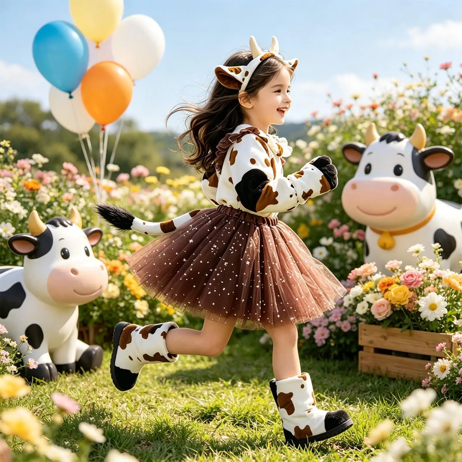 Cow Suit Girls Dress Clothes Set With Cow Headband Tail Gloves Tutu Dress For Concert Party Cosplay Carnival Masquerade School